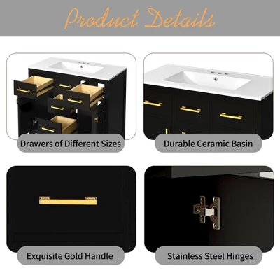 36" Modern Bathroom Vanity With Ceramic Sink, Freestanding Storage Cabinet With 4 Drawers & 2 Soft-Close Doors, Solid Wood Frame - ModernLuxe 7 36" Modern Bathroom Vanity With Ceramic Sink, Freestanding Storage Cabinet With 4 Drawers & 2 Soft-Close Doors, Solid Wood Frame - ModernLuxe - Image 5