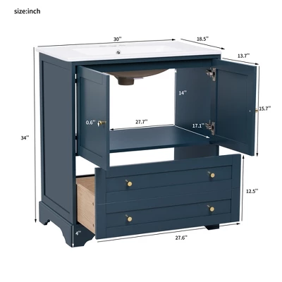 30'' Modern Bathroom Vanity With Ceramic Sink, Freestanding Storage Cabinet With Soft Close Doors, Drawer & Gold Handles, Blue - ModernLuxe 4 30'' Modern Bathroom Vanity With Ceramic Sink, Freestanding Storage Cabinet With Soft Close Doors, Drawer & Gold Handles, Blue - ModernLuxe - Image 2
