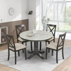 ModernLuxe 5-Piece Round Dining Set with Faux Marble Table and 4 Upholstered Chairs