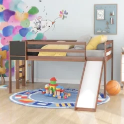 ModernLuxe Full Size Wooden Loft Bed with Slide, Convertible Ladder, and Chalkboard