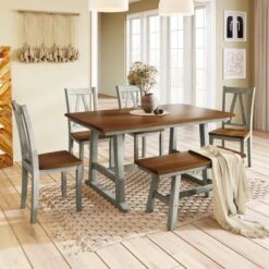 Farmhouse 6-Piece Wood Dining Table Set With Long Bench And 4 Dining Chairs-ModernLuxe -Luxe Furniture Sale GUEST 870b12da f5c7 4e5c aaff 4bff54db7178