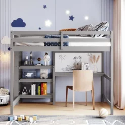 ModernLuxe Wooden Loft Bed with Integrated Desk, Storage Shelves and Writing Board