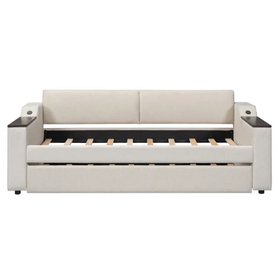 ModernLuxe Twin Upholstered Daybed with Trundle, Storage Arms & USB 9 ModernLuxe Twin Upholstered Daybed with Trundle, Storage Arms & USB - Image 7