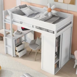 ModernLuxe Wood Loft Bed with Wardrobe and 2-Drawer Integrated Desk
