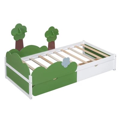 Twin Size Bed With Grass Hill And Trees Decor, White+Green - ModernLuxe 5 Twin Size Bed With Grass Hill And Trees Decor, White+Green - ModernLuxe - Image 3