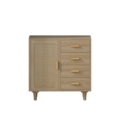 Wooden Cabinet With 4 Drawers And Rattan Decorative Doors, Natural - ModernLuxe 6 Wooden Cabinet With 4 Drawers And Rattan Decorative Doors, Natural - ModernLuxe - Image 4