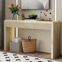 ModernLuxe Console Table with 3 Fluted Drawers, Rustic Solid Wood Veneer Sofa Table