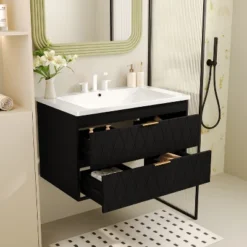 30"W Floating Bathroom Vanity With Resin Sink, Wall Mounted Bathroom Cabinet With 2 Drawers, Black/Green-ModernLuxe