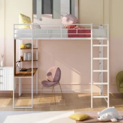 ModernLuxe Full Size Metal Loft Bed with Integrated Desk and Dual Shelves