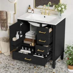 ModernLuxe 30" Freestanding Bathroom Vanity Cabinet with 3 Drawers and Gold Handles