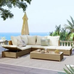 ModernLuxe 3-Piece Rattan Patio Sectional Sofa Set with Adjustable Reclining Chaise and Tempered Glass Table