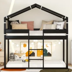 ModernLuxe Wood Twin Over Twin Bunk Bed with Play Tent and House Frame