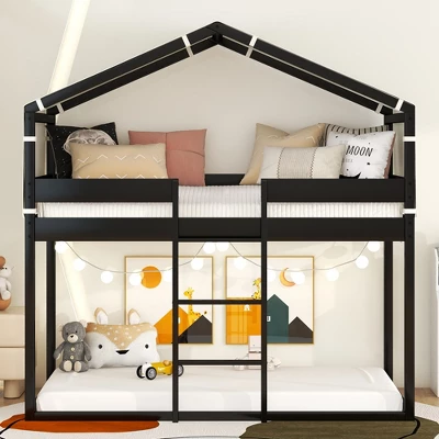 ModernLuxe Wood Twin Over Twin Bunk Bed with Play Tent and House Frame 3 ModernLuxe Wood Twin Over Twin Bunk Bed with Play Tent and House Frame