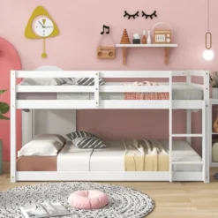 ModernLuxe Modern Twin Over Twin Floor Bunk Bed with Ladder and Guardrails