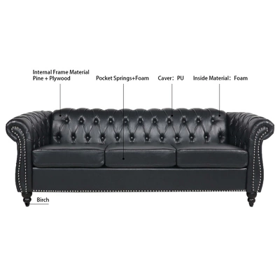 ModernLuxe 84.65" Chesterfield 3-Seater Upholstered Sofa - Tufted Scrolled Arm Couch 5 ModernLuxe 84.65" Chesterfield 3-Seater Upholstered Sofa - Tufted Scrolled Arm Couch - Image 3
