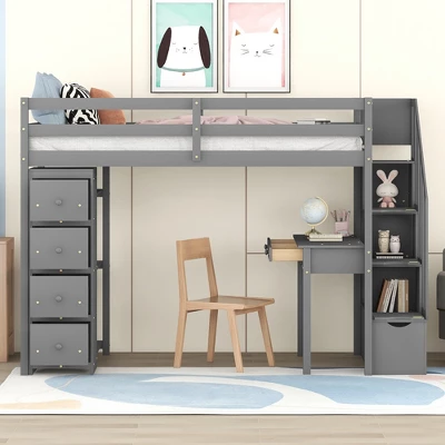 ModernLuxe Twin Size Wooden Loft Bed with Storage Drawers, Desk, and Shelves 3 ModernLuxe Twin Size Wooden Loft Bed with Storage Drawers, Desk, and Shelves