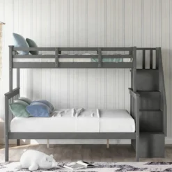 ModernLuxe Twin-Over-Full Bunk Bed with Built-in Storage Stairs and Safety Guard Rails