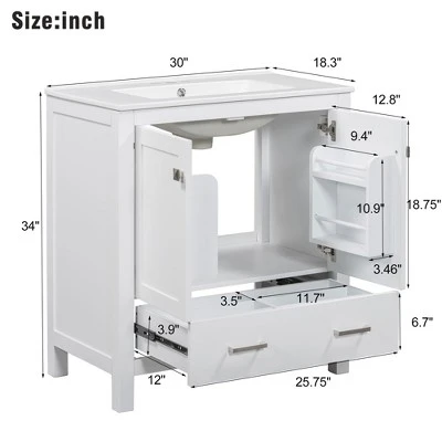 30"W Bathroom Vanity With Single Sink, Bathroom Storage Cabinet With 2 Doors And Drawer 4B - ModernLuxe 4 30"W Bathroom Vanity With Single Sink, Bathroom Storage Cabinet With 2 Doors And Drawer 4B - ModernLuxe - Image 2