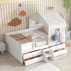 ModernLuxe Full Size House Low Loft Bed with 4 Storage Drawers