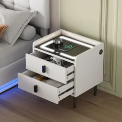 Modern Nightstand With Wireless Charging, USB Port And Adjustable LED Lights, End Table With 2 Drawers-ModernLuxe