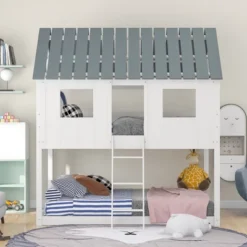 ModernLuxe Twin Over Twin Low Bunk Bed with House-Shaped Roof - White