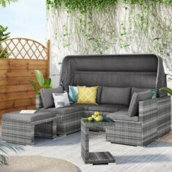 ModernLuxe 5-Piece Outdoor Rattan Daybed & Sectional Sofa Set with Retractable Canopy