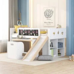 ModernLuxe Wood Loft Bed with Slide, Desk, Chair and Storage Cabinets