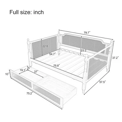Full/Twin Size Daybed, Rattan Wood Bed Frame With Drawers/ Trundle Bed For Bedroom, Antique Walnut -ModernLuxe 5 Full/Twin Size Daybed, Rattan Wood Bed Frame With Drawers/ Trundle Bed For Bedroom, Antique Walnut -ModernLuxe - Image 3