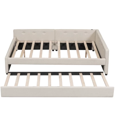 Full/Queen Size Upholstered Platform Bed With USB Ports, Modern Daybed With Trundle, Beige - ModernLuxe 8 Full/Queen Size Upholstered Platform Bed With USB Ports, Modern Daybed With Trundle, Beige - ModernLuxe - Image 6