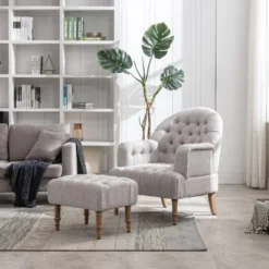 Mid Century Button-Tufted Upholstered Accent Chair Set With Linen Fabric And Ottoman-ModernLuxe -Luxe Furniture Sale GUEST 9abb2ae2 fbe6 4970 881f af1b1f85fb27