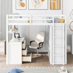 ModernLuxe Full Size Loft Bed with Integrated Desk, Drawers, and Wardrobe