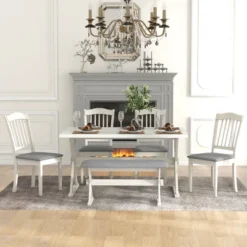 ModernLuxe 6-Piece Rustic Dining Set: Rectangular Trestle Table, 4 Chairs & Bench