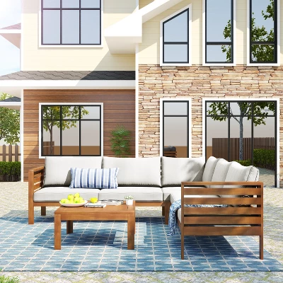 ModernLuxe Japanese-Style Acacia Wood Outdoor Sofa Set with Coffee Table 3 ModernLuxe Japanese-Style Acacia Wood Outdoor Sofa Set with Coffee Table
