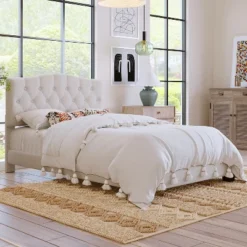 Upholstered Linen Platform Bed Frame With Curved Tufted Headboard Beige-ModernLuxe