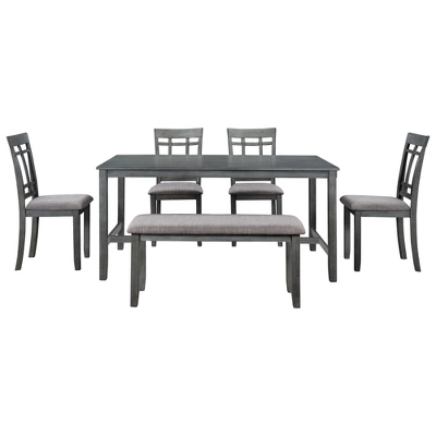 6-Piece Farmhouse Rustic Wooden Dining Table Set With 4 Chairs And Bench, Antique Gray - ModernLuxe 6 6-Piece Farmhouse Rustic Wooden Dining Table Set With 4 Chairs And Bench, Antique Gray - ModernLuxe - Image 4