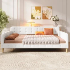 ModernLuxe Queen Size Upholstered Daybed with Button-Tufted Linen Fabric