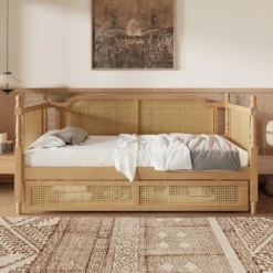 Full/Twin Size Daybed, Rattan Wood Bed Frame With Drawers/ Trundle Bed For Bedroom, Antique Walnut -ModernLuxe