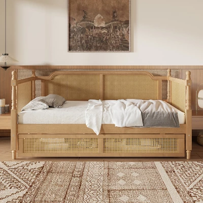 Full/Twin Size Daybed, Rattan Wood Bed Frame With Drawers/ Trundle Bed For Bedroom, Antique Walnut -ModernLuxe 3 Full/Twin Size Daybed, Rattan Wood Bed Frame With Drawers/ Trundle Bed For Bedroom, Antique Walnut -ModernLuxe