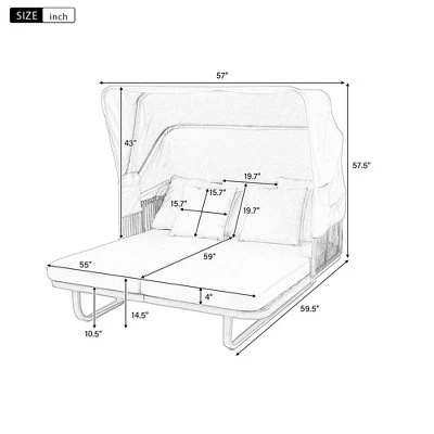 57"W Outdoor Daybed Sunbed, Patio Rattan Chaise Lounge With Canopy, Detachable Pillows For Patio, Backyard, Pool -ModernLuxe 4 57"W Outdoor Daybed Sunbed, Patio Rattan Chaise Lounge With Canopy, Detachable Pillows For Patio, Backyard, Pool -ModernLuxe - Image 2