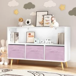 ModernLuxe Kids Bookcase and Toy Storage Cabinet with 3 Fabric Drawers