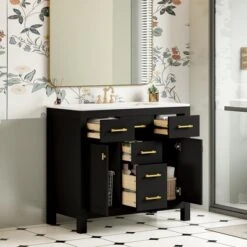 36" Modern Bathroom Vanity With Ceramic Sink, Freestanding Storage Cabinet With 4 Drawers & 2 Soft-Close Doors, Solid Wood Frame - ModernLuxe