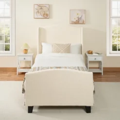 Twin/Queen/King Size Platform Bed Frame With Upholstered Headboard, Teddy Velvet, Ivory White - ModernLuxe