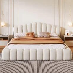Queen Size Velvet Upholstered Bed Frame Floor Bed With Shell-Shaped Headboard For Bedroom - ModernLuxe