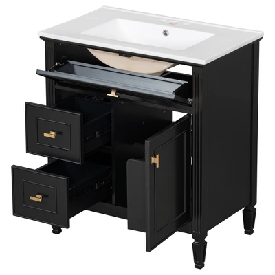30" Bathroom Vanity With Ceramic Sink, Flip Drawer, 2 Storage Drawers & Adjustable Shelf, Compact Freestanding Vanity Cabinet - 11 30" Bathroom Vanity With Ceramic Sink, Flip Drawer, 2 Storage Drawers & Adjustable Shelf, Compact Freestanding Vanity Cabinet - - Image 9