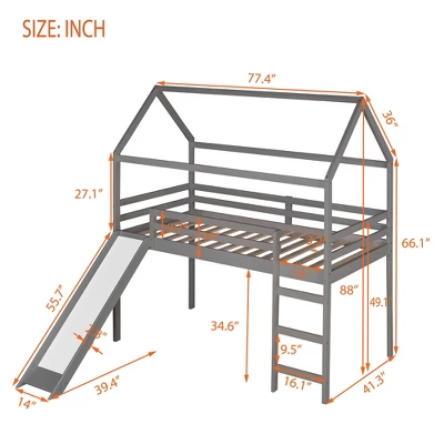 ModernLuxe Twin Size House Shape Loft Bed with Slide in Gray 4 ModernLuxe Twin Size House Shape Loft Bed with Slide in Gray - Image 2