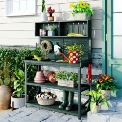 65"H Patio Potting Bench Table, Wooden Farmhouse Garden Workstation With 4 Storage Shelves And Side Hook - ModernLuxe
