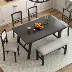 6-Piece Farmhouse Solid Wood Rectangular Dining Table Set With 4 Upholstered Chairs And 1 Bench - ModernLuxe