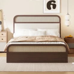 ModernLuxe Queen Size Wooden Platform Bed with Trundle and 2 Drawers - Rattan Accents