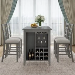 ModernLuxe 5-Piece Wood Counter Height Dining Set with Integrated Wine Rack