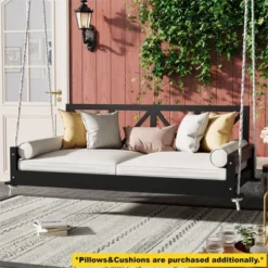 ModernLuxe Twin Size Acacia Wood Patio Swing Bed with 16.4ft Hemp Ropes